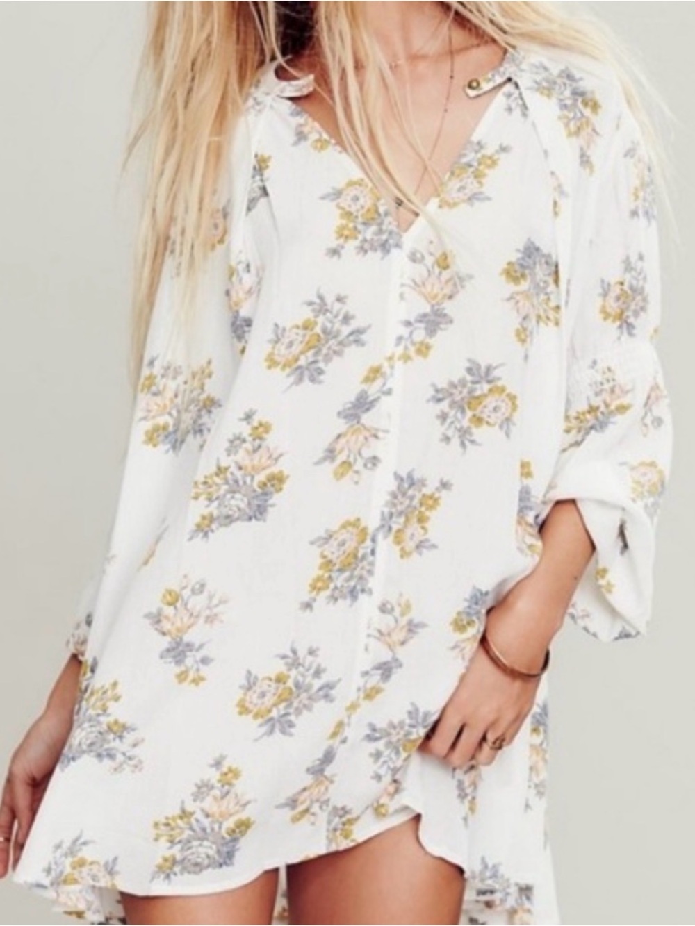 Free People retro swing tunic/Mini Dress with Yellow and Gray floral Print